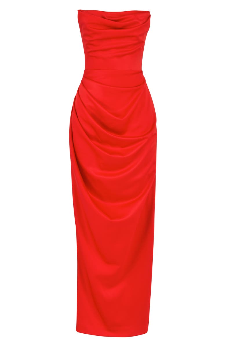HOUSE OF CB Adrienne Gathered Satin Strapless Gown, Alternate, color, Scarlet