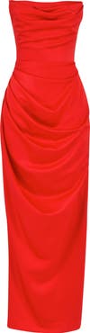 HOUSE OF CB Adrienne Gathered Satin Strapless Gown