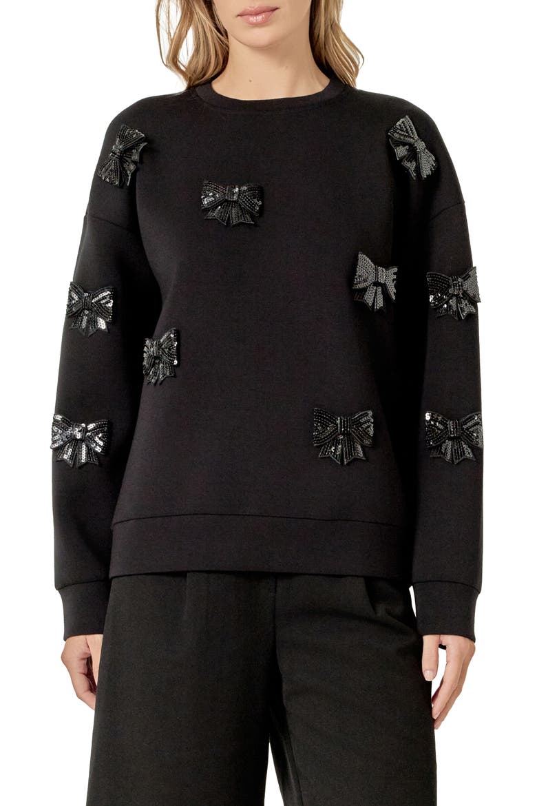 Sequin Bow Scuba Sweatshirt, Main, color, BLACK