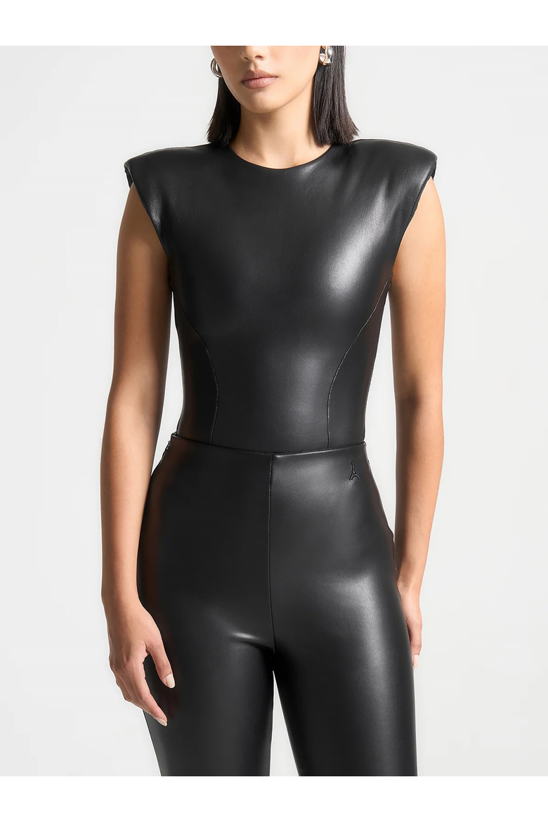 Exaggerated Shoulder Leather Bodysuit, Main, color, Black