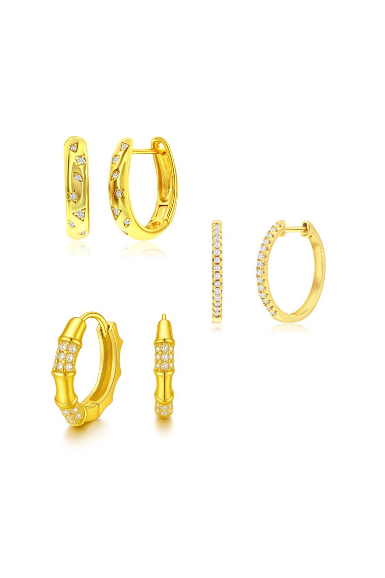 Set Of 3 Sterling Silver Crystal Hoop Earrings, Main, color, Gold