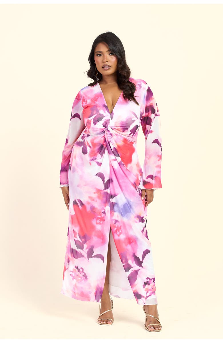 FASHION-SZN CURVE Plus Size Floral Twist Front Midi Dress, Main, color, Pink