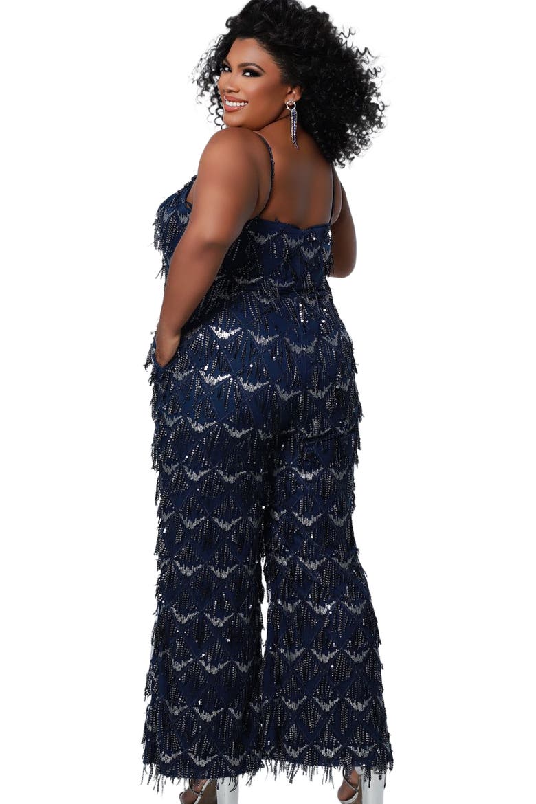 Spaghetti Strap Sequin fringe Plus Size Jumpsuit, Alternate, color, Navy