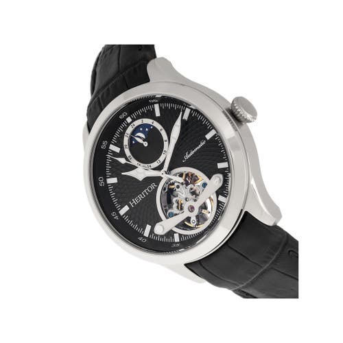 Heritor Automatic Men's Black / Silver Gregory Semi-skeleton Leather-band Watch With Moon Phase - Black, Silver In Black