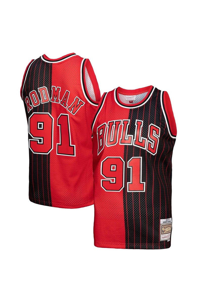 Mitchell & Ness Men's Mitchell & Ness Dennis Rodman Red/Black Chicago Bulls Big & Tall Hardwood Classics 1995/96 Split Swingman Jersey, Alternate, color,