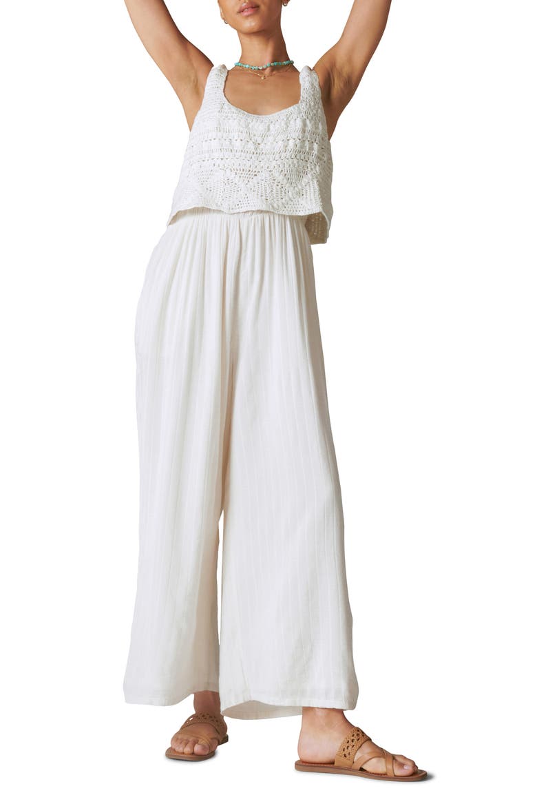 Crochet Wide Leg Cotton & Linen Jumpsuit, Main, color, WHITE