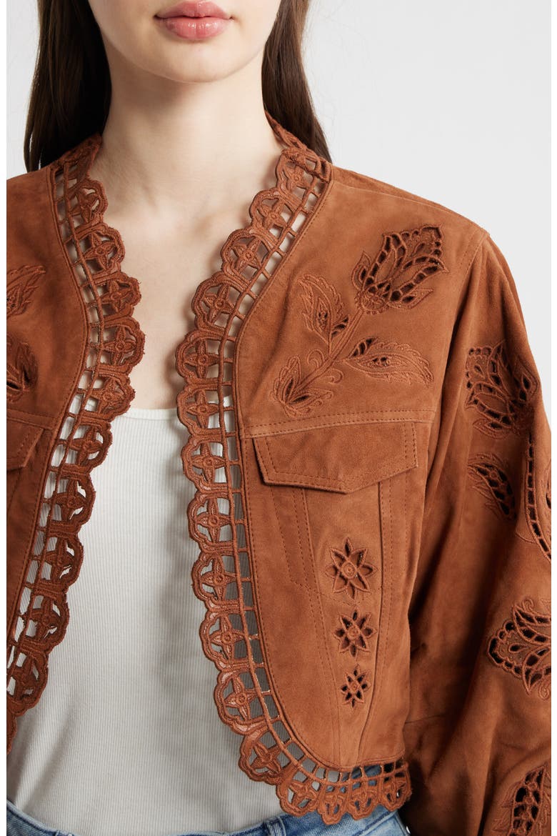 Richilieu Embroidered Genuine Leather Crop Jacket, Alternate, color, CARAMEL