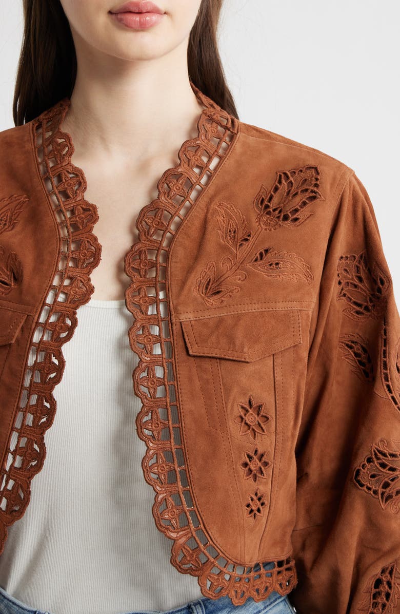 FARM Rio Richilieu Embroidered Genuine Leather Crop Jacket, Alternate, color, Caramel