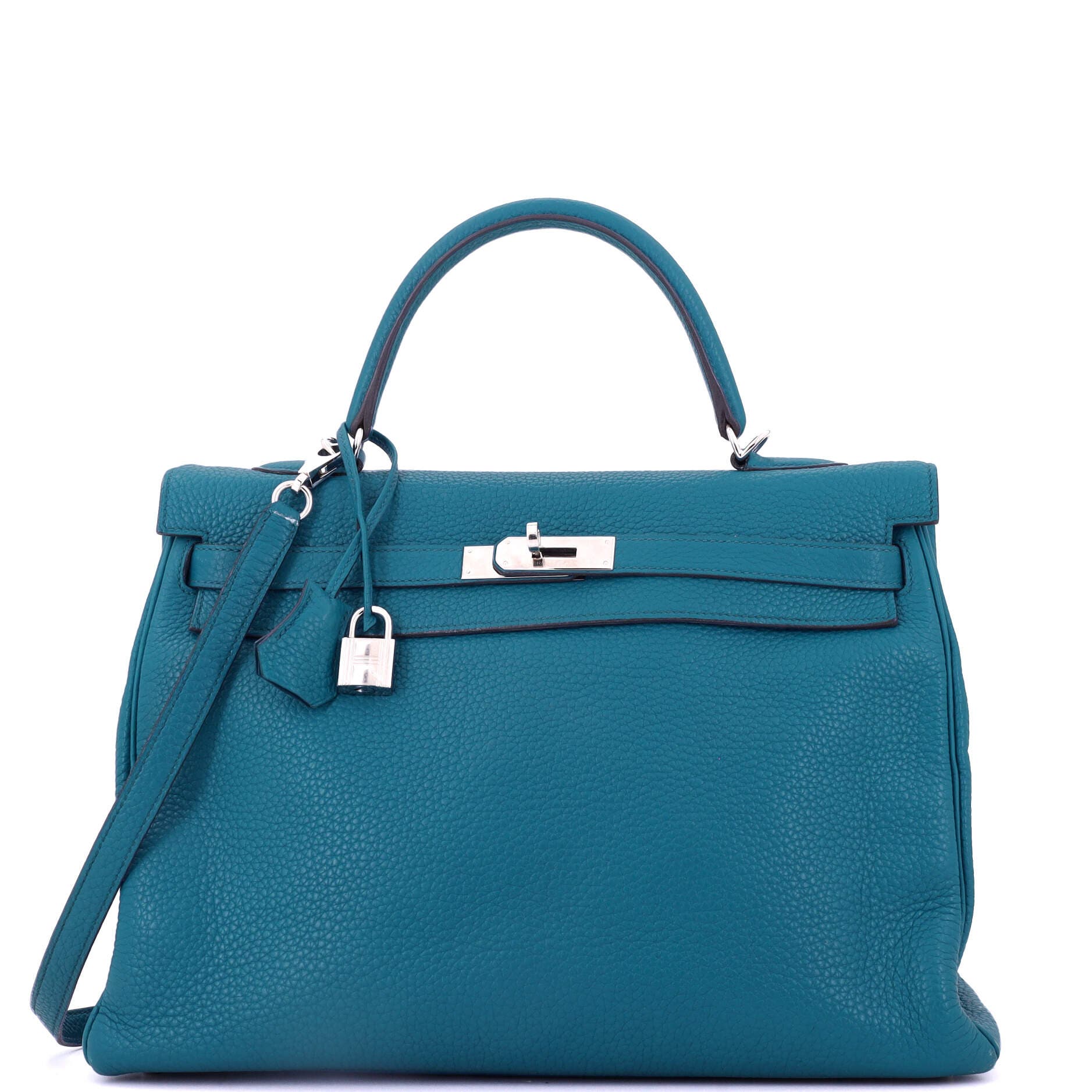 Pre-Owned Hermes Kelly Handbag Blue Clemence with Palladium Hardware 35, Main, color, Bleu Izmir