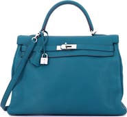 Pre-Owned Hermes Kelly Handbag Blue Clemence with Palladium Hardware 35
