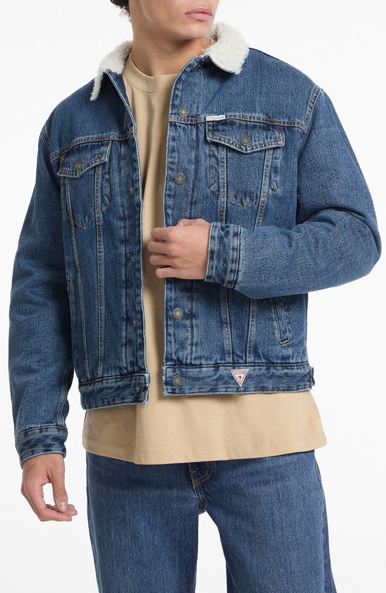 GUESS JEANS Denim Trucker Jacket with Faux Shearling Collar, Main, color, Gjwm