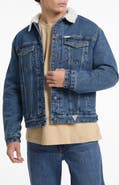 GUESS JEANS Denim Trucker Jacket with Faux Shearling Collar