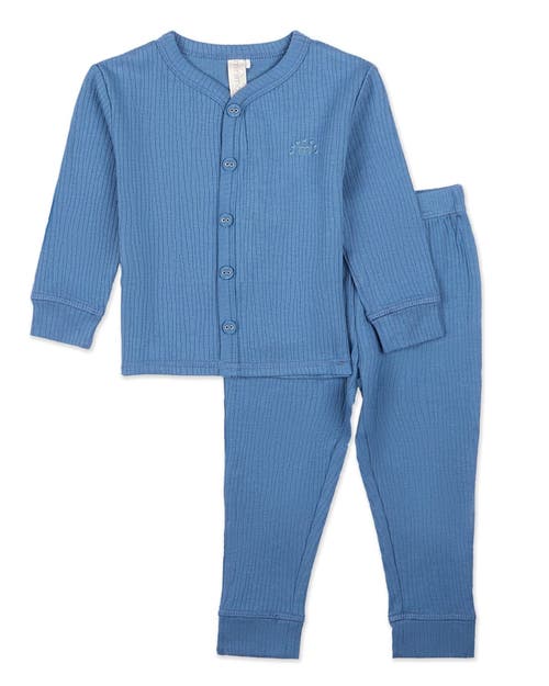 Minimoi Babies'  2 Piece Kids Ribbed Color Button-down Pajama Set In Blue