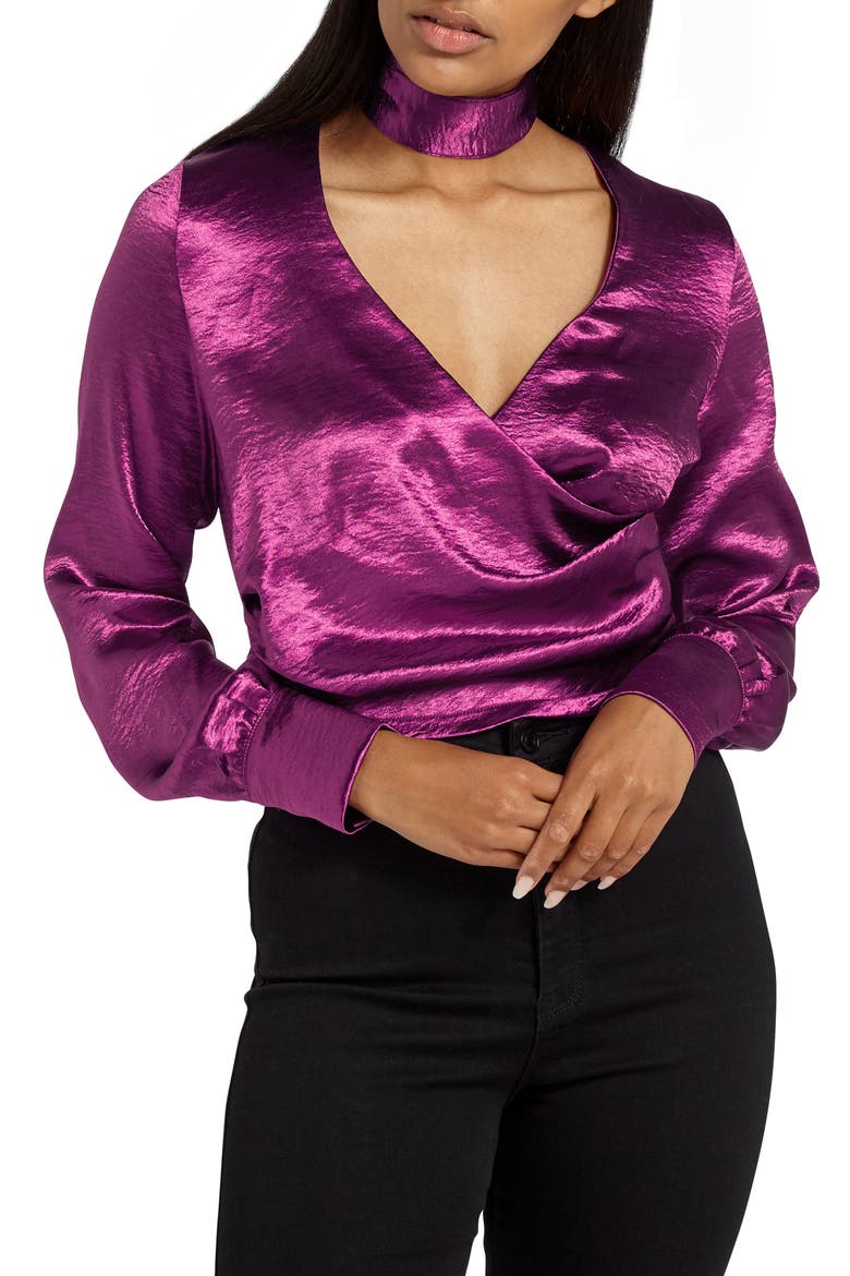 Choker Collar Faux Wrap Blouse, Main, color, FUCHSIA