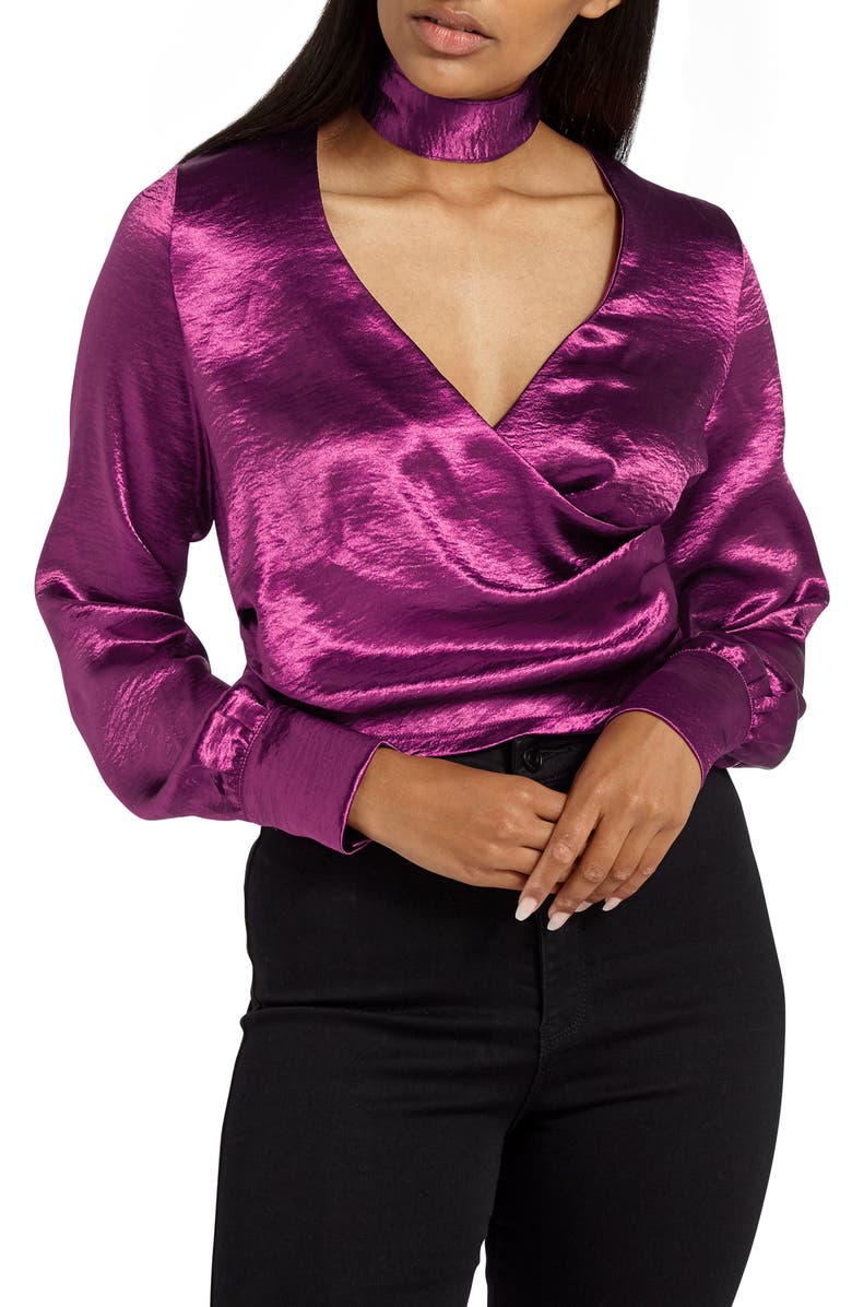 Missguided Choker Collar Faux Wrap Blouse, Main, color,
