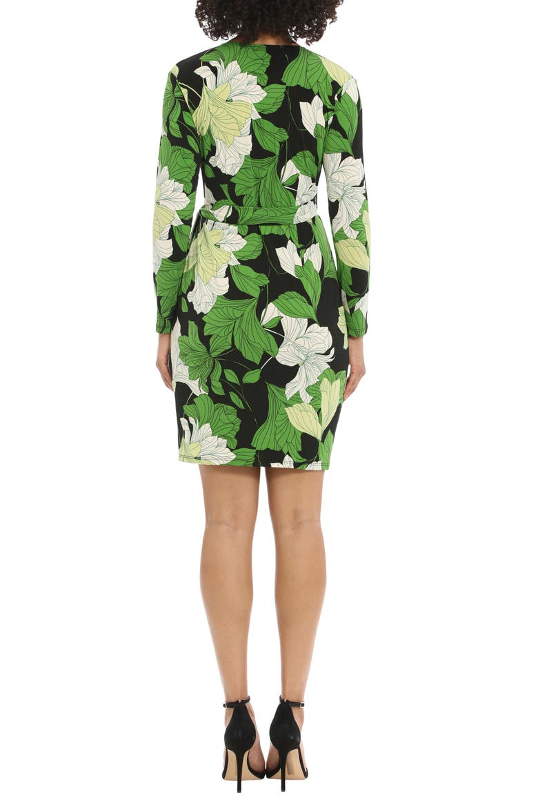 Floral Long Sleeve Faux Wrap Dress, Alternate, color, BLACK/ GREEN APPLE