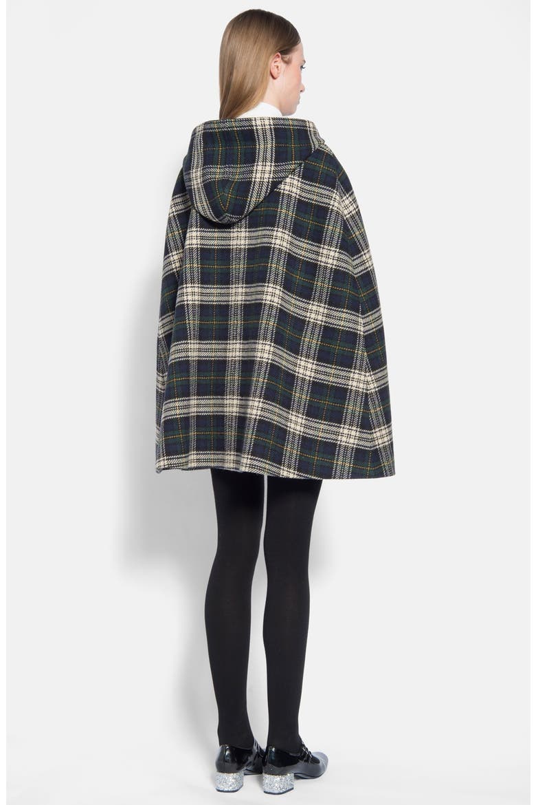 Hooded Tartan Wool Cape, Alternate, color, BLUE GREEN IVORY