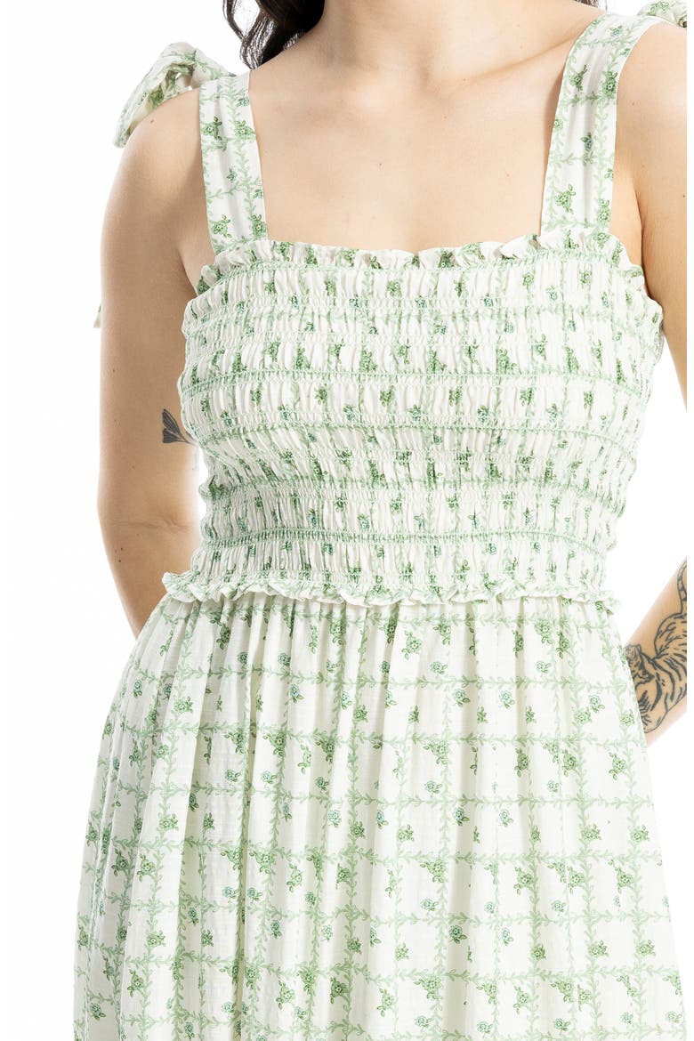 Tie Strap Smocked Tiered Sundress, Alternate, color, WHITE/ GREEN LEAFY SCALLOP