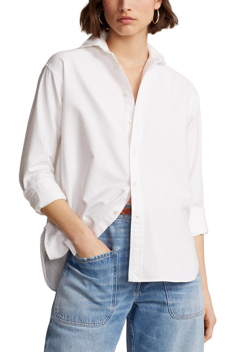 Relaxed Fit Cotton Oxford Button-Up Shirt, Main, color, WHITE