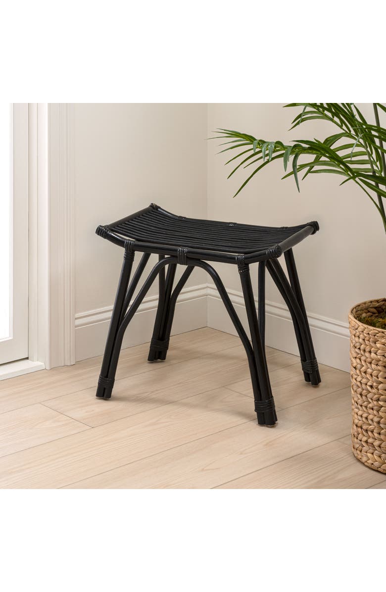 JONATHAN Y Gabriel Modern Bohemian Handcrafted Rattan/Teak Wood Curved Seat Accent Stool, Alternate, color, Black