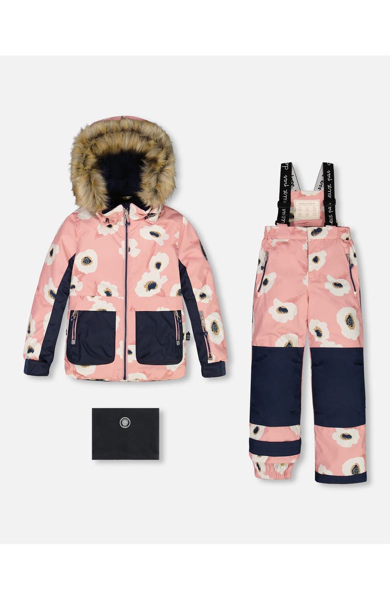 Deux par Deux Girl's Two Piece Snowsuit Allover Print Pink Printed Off White Flowers, Main, color, 