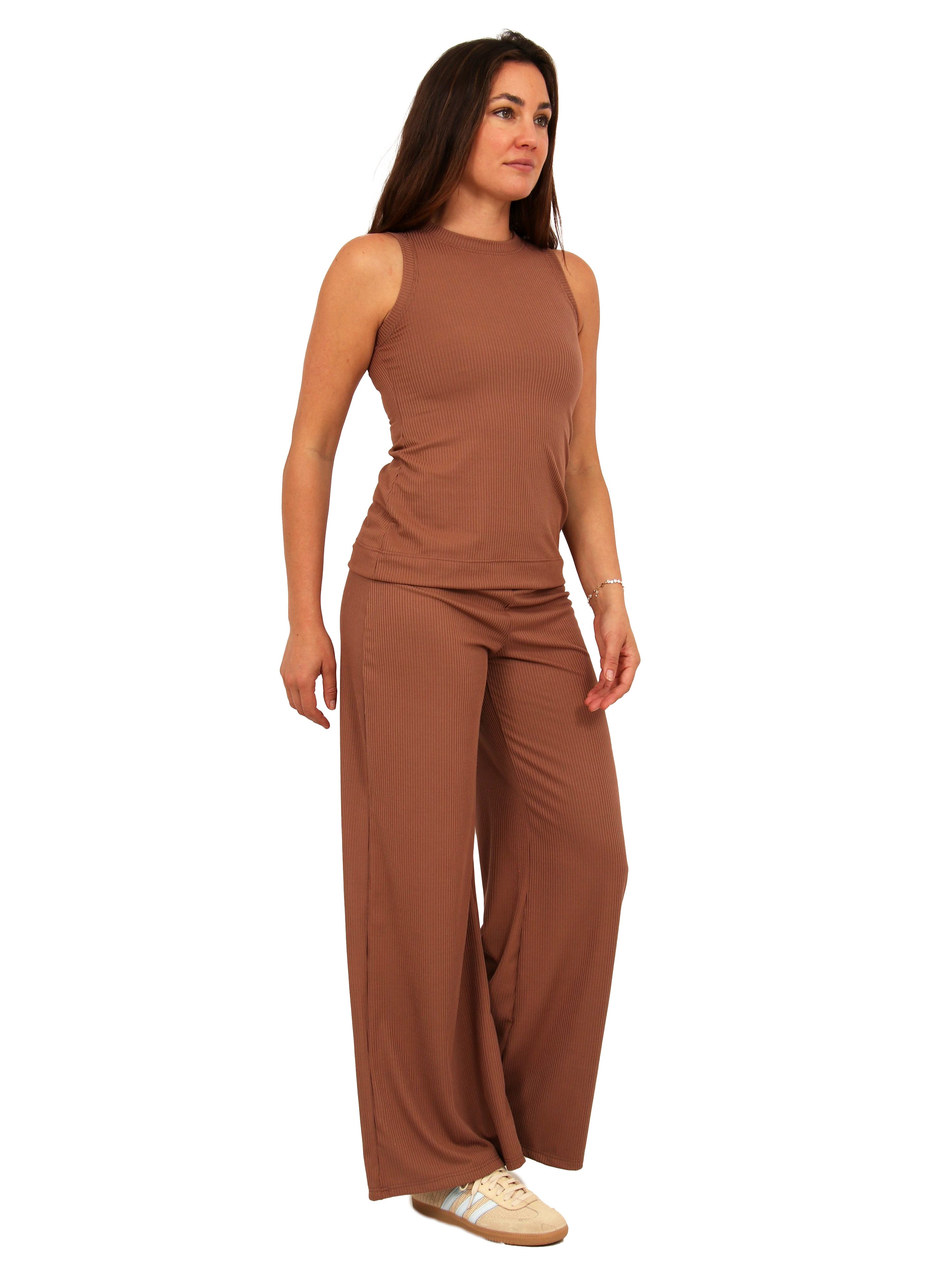 Womens Basic Ribbed Knit Tank Top and Elastic Waist Wide Leg Pant Set - image 4
