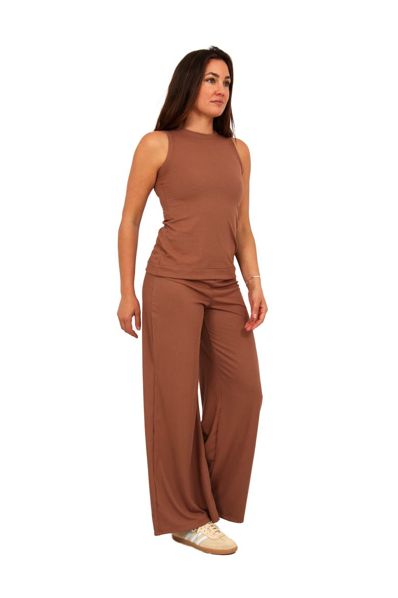 Womens Basic Ribbed Knit Tank Top and Elastic Waist Wide Leg Pant Set, Alternate, color, Mocha