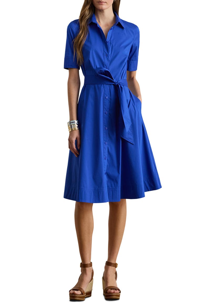 Belted Cotton Blend Shirtdress, Main, color, BLUE