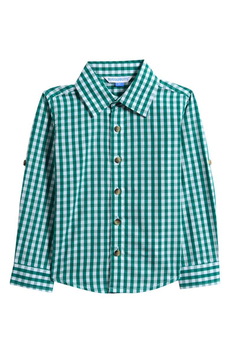 RuggedButts Kids' Gingham Cotton Button-Up Shirt, Main, color, Green
