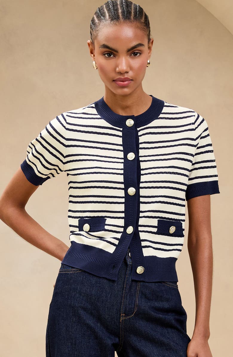 Lipsy Stripe Short Sleeve Cardigan, Alternate, color,