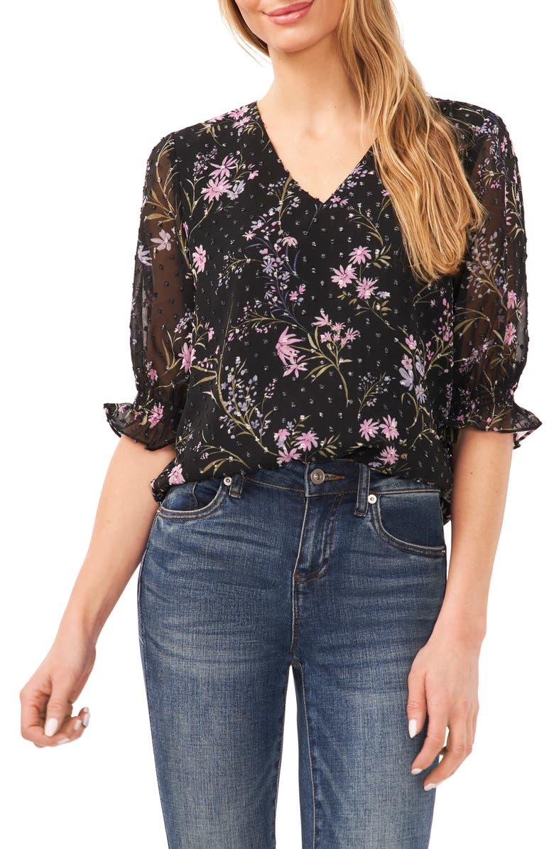 CeCe Floral Clip Dot Chiffon Top, Main, color, 