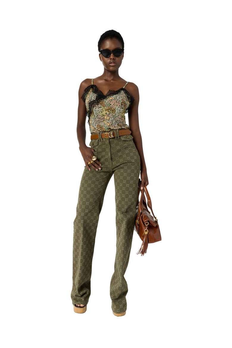 Anna Monogram Print Flared Jeans, Alternate, color, Khaki Green