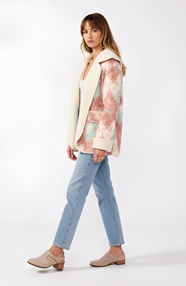 Modenaire Floral Patchwork Plush Trim Oversized Hood Fleece Jacket, Alternate, color, 