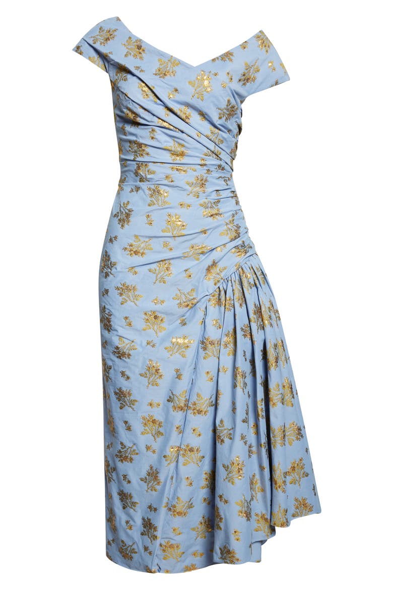 Metallic Floral Ruched Cotton Blend Jacquard Cocktail Dress, Alternate, color, BLUEBELL