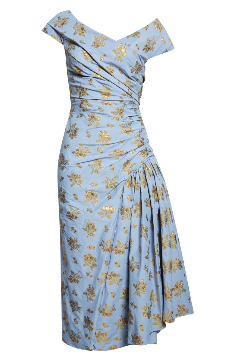 Lela Rose Metallic Floral Ruched Cotton Blend Jacquard Cocktail Dress, Alternate, color, Bluebell