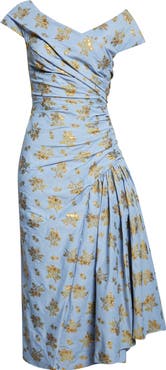 Lela Rose Metallic Floral Ruched Cotton Blend Jacquard Cocktail Dress