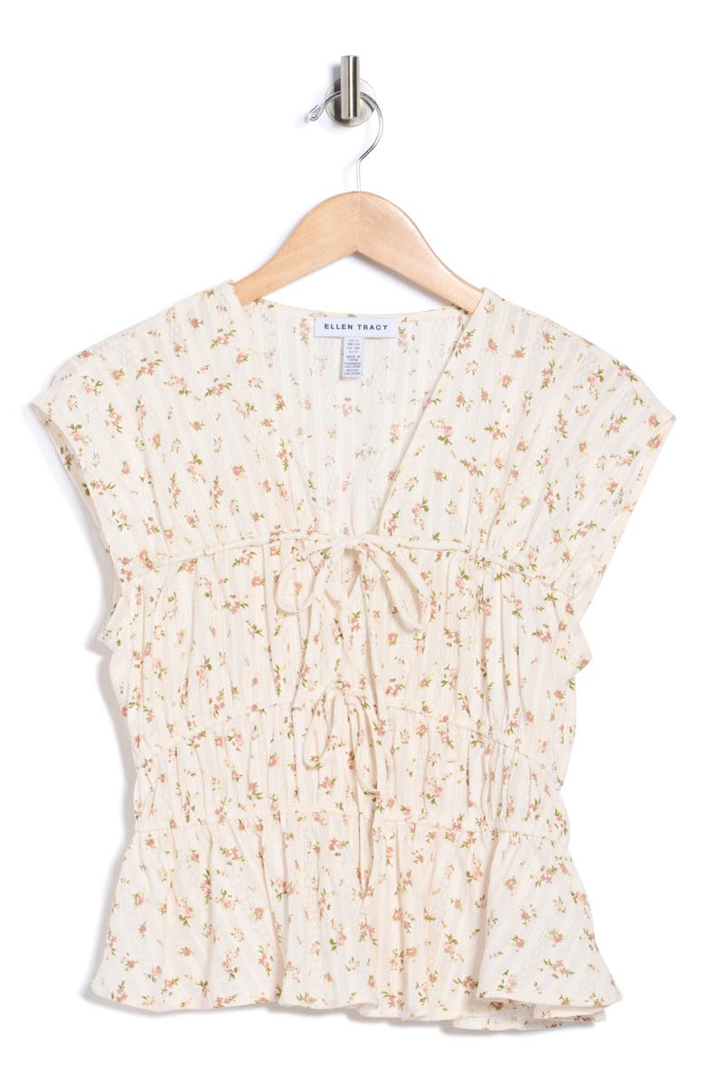 Ellen Tracy Floral Sleeveless Shirred Cotton Top, Main, color, Marshmallow Floral