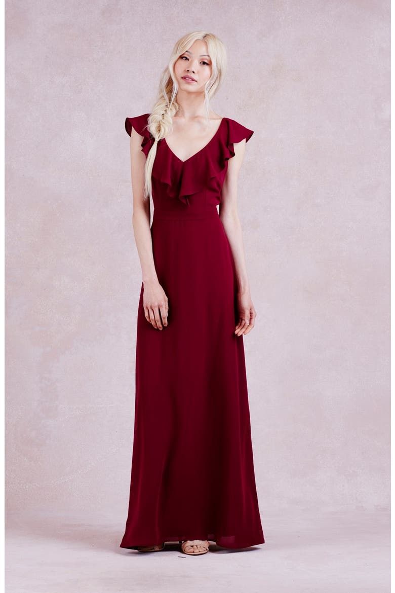 by Lauren Conrad Print Crepe Ruffle V-Neck Gown, Alternate, color, SPICED WINE