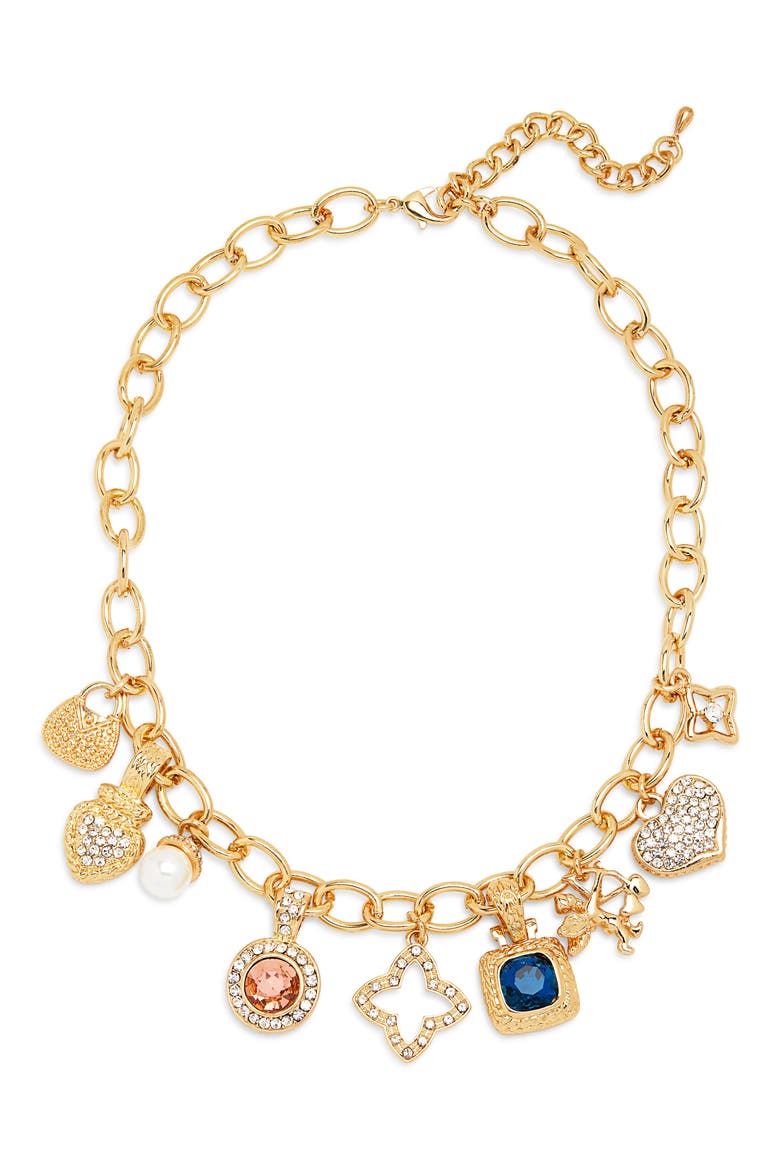 Faux Pearl & Crystal Charm Necklace, Main, color, GOLD