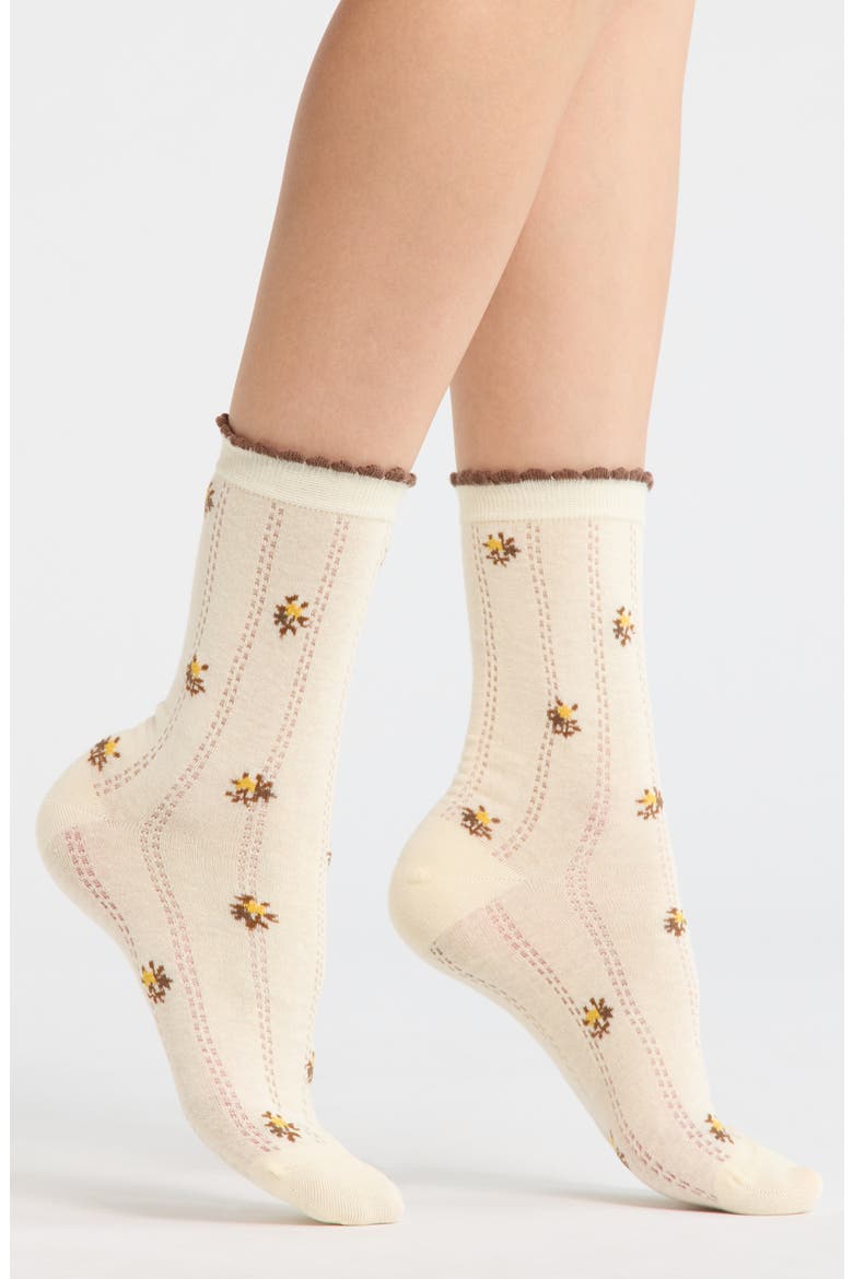 Winona Floral Pointelle Crew Socks, Main, color, YELLOW