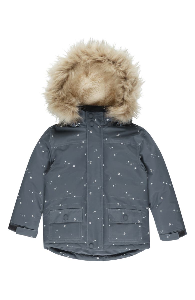 Rylee + Cru Kids' Faux Fur Hooded Ski Jacket, Main, color, Indigo Stars