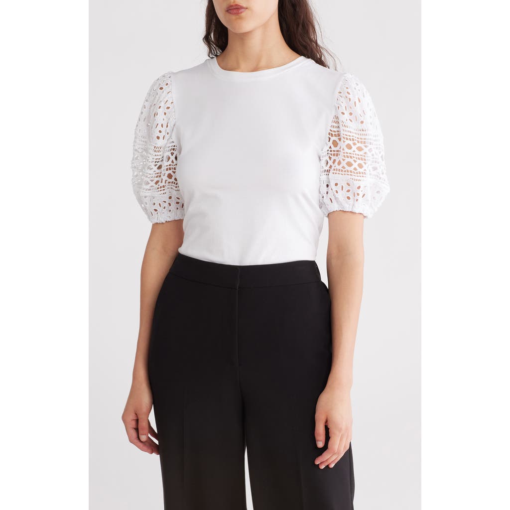 Ellen Tracy Eyelet Puff Sleeve Top In Marshmallow