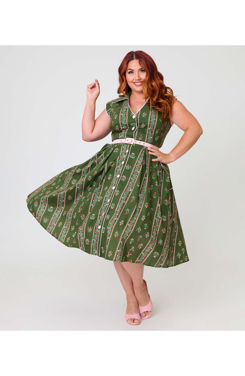 Unique Vintage Plus Size Shirt Swing Dress, Alternate, color, Green Floral Stripe