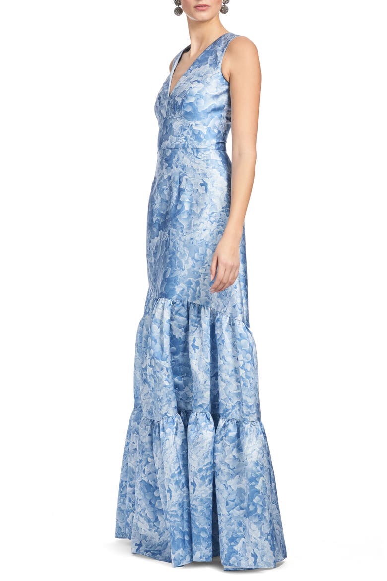 Rori Floral Sleeveless Tiered Mikado Gown, Alternate, color, HYDRANGEA BLOOMS
