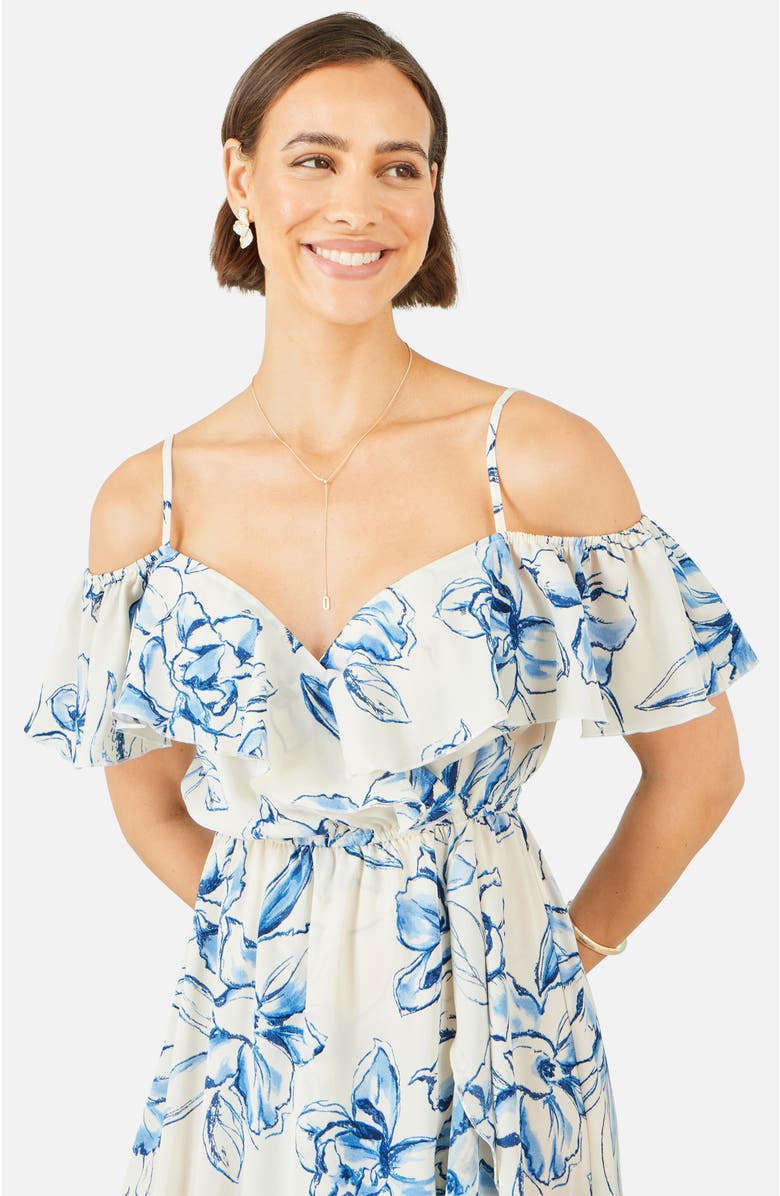 Yumi Floral Print Bardot Midi Dress, Alternate, color, White