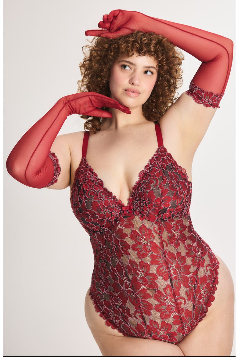 Floral Corded Lace Opera Gloves, Alternate, color, RED COGNAC