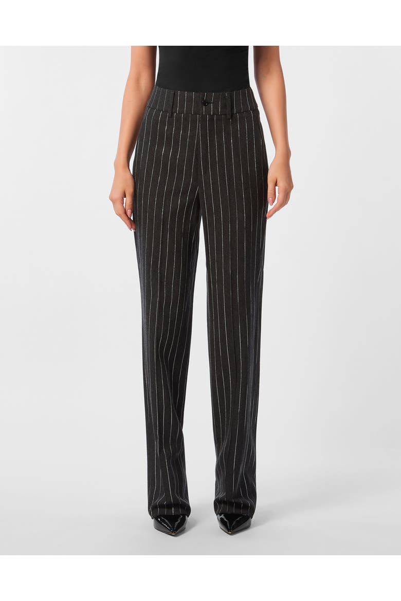 Pinstriped Straight Lady Trousers Women, Main, color, grey