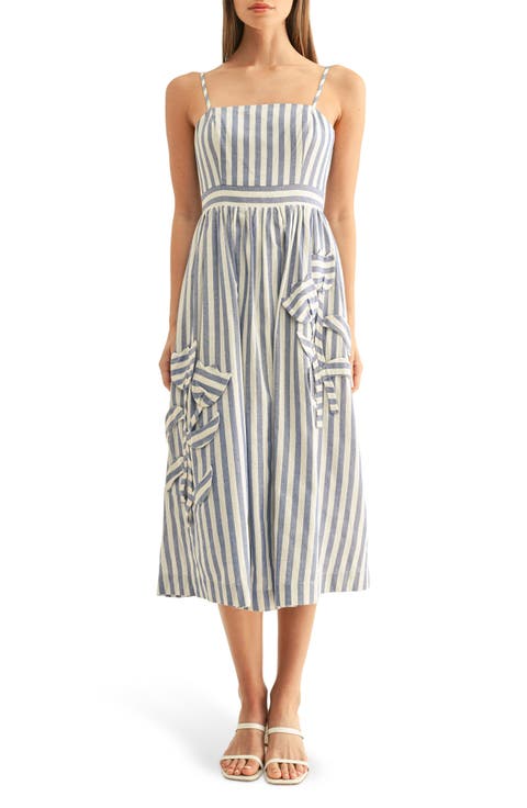 Emillia Stripe Floral Appliqué Cotton Midi Sundress