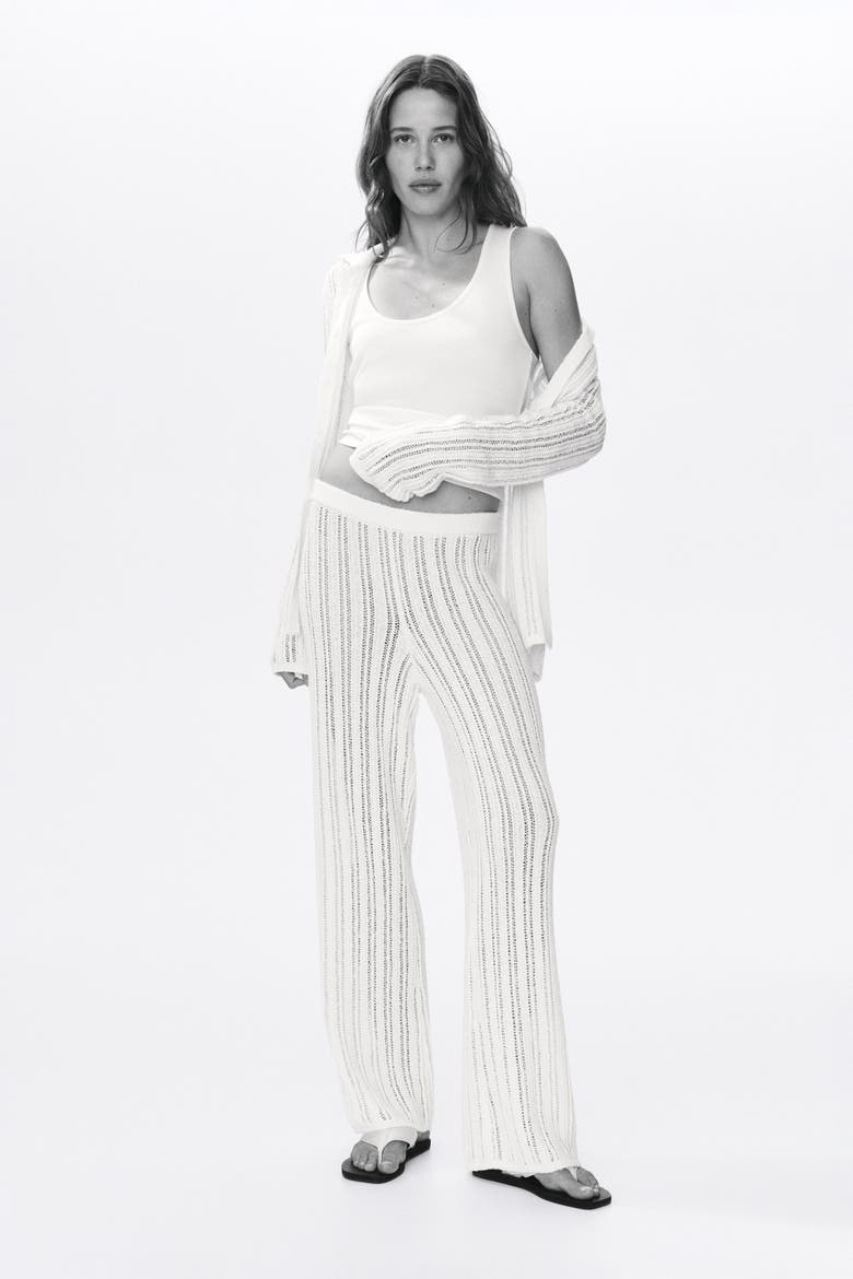 Wide Crochet-look Trousers, Main, color, Light beige