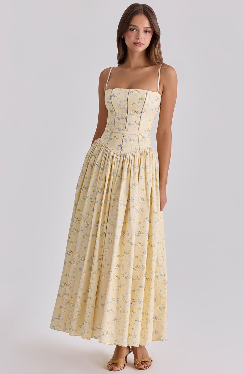 HOUSE OF CB Ysabella Floral Stretch Cotton Maxi Sundress, Alternate, color, Lemon Floral